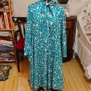Sears Teal and White Floral Long Sleeve Shirt Dress
